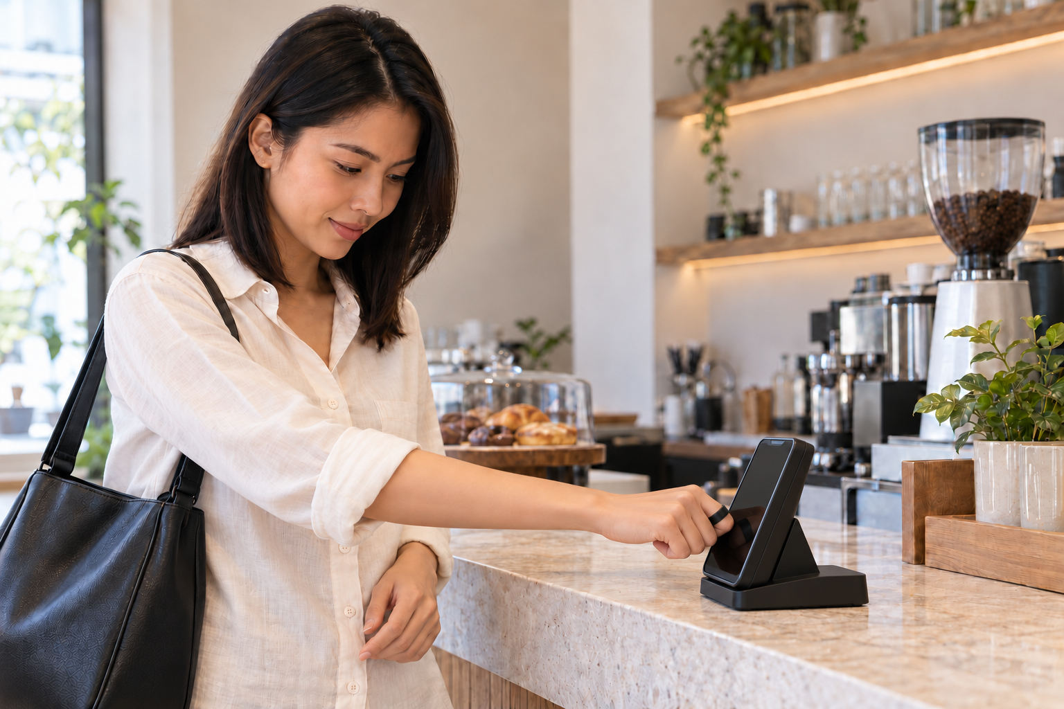 Illustrative scene of a woman using a naturally curled right hand to place her black NFC ring against the contactless reader