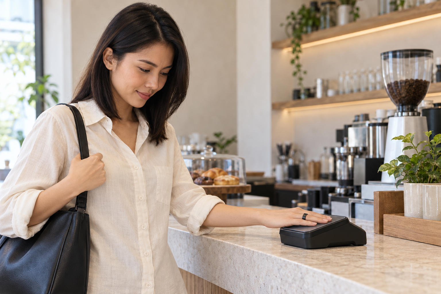 Illustrative scene of a woman bringing her black NFC ring against a cafe contactless reader
